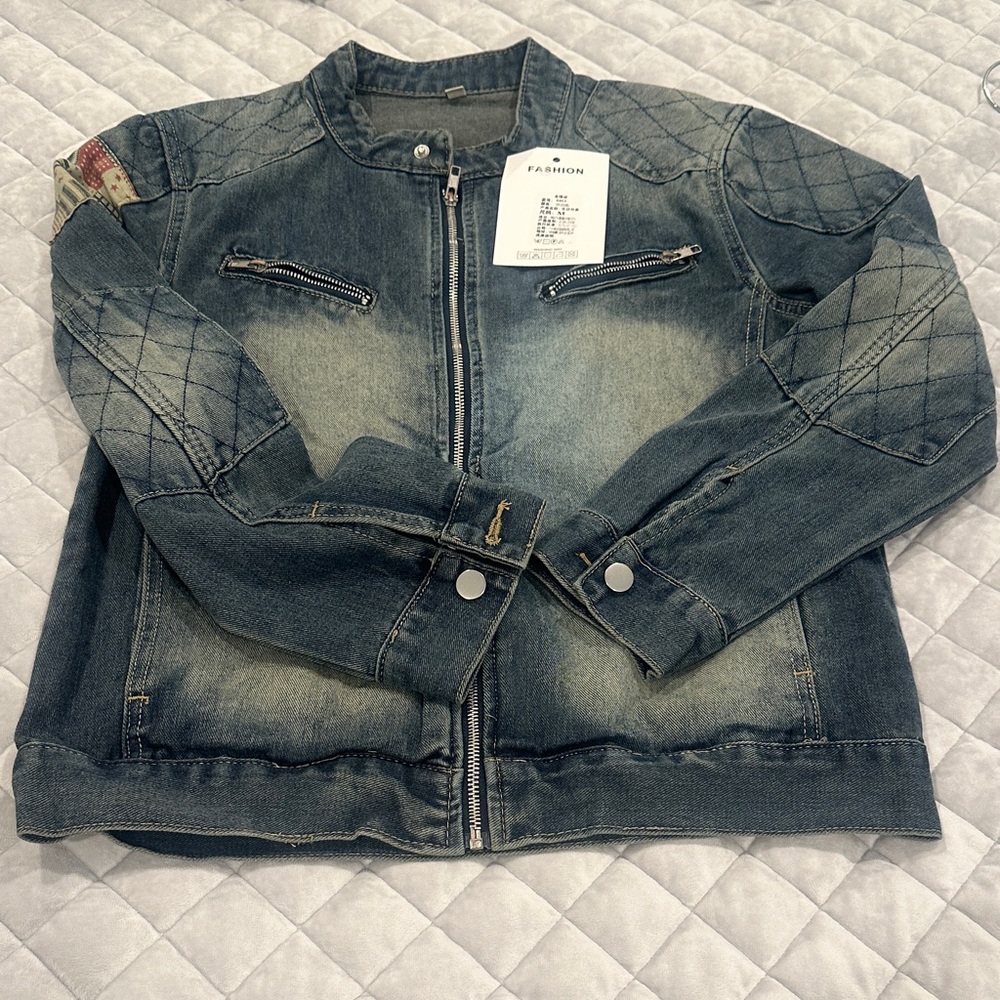 Denim Moto-Style Zip Jacket in Distressed Blue